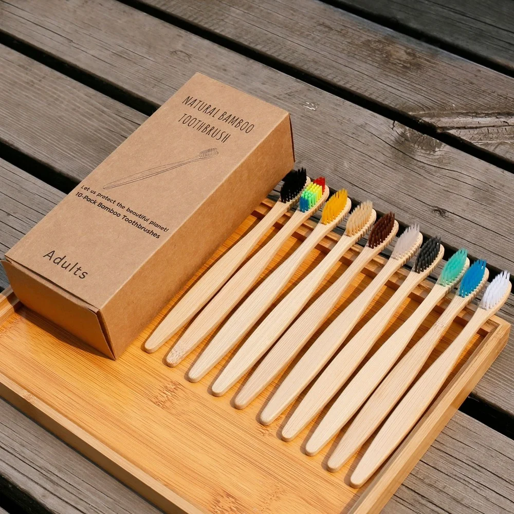 Bamboo Toothbrush Set - 10 قطعة فرشاة الأسنان الملونة الطبيعية